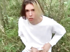 Cute Russian Boy Masturbating in a Public Forest and Pee Outdoors